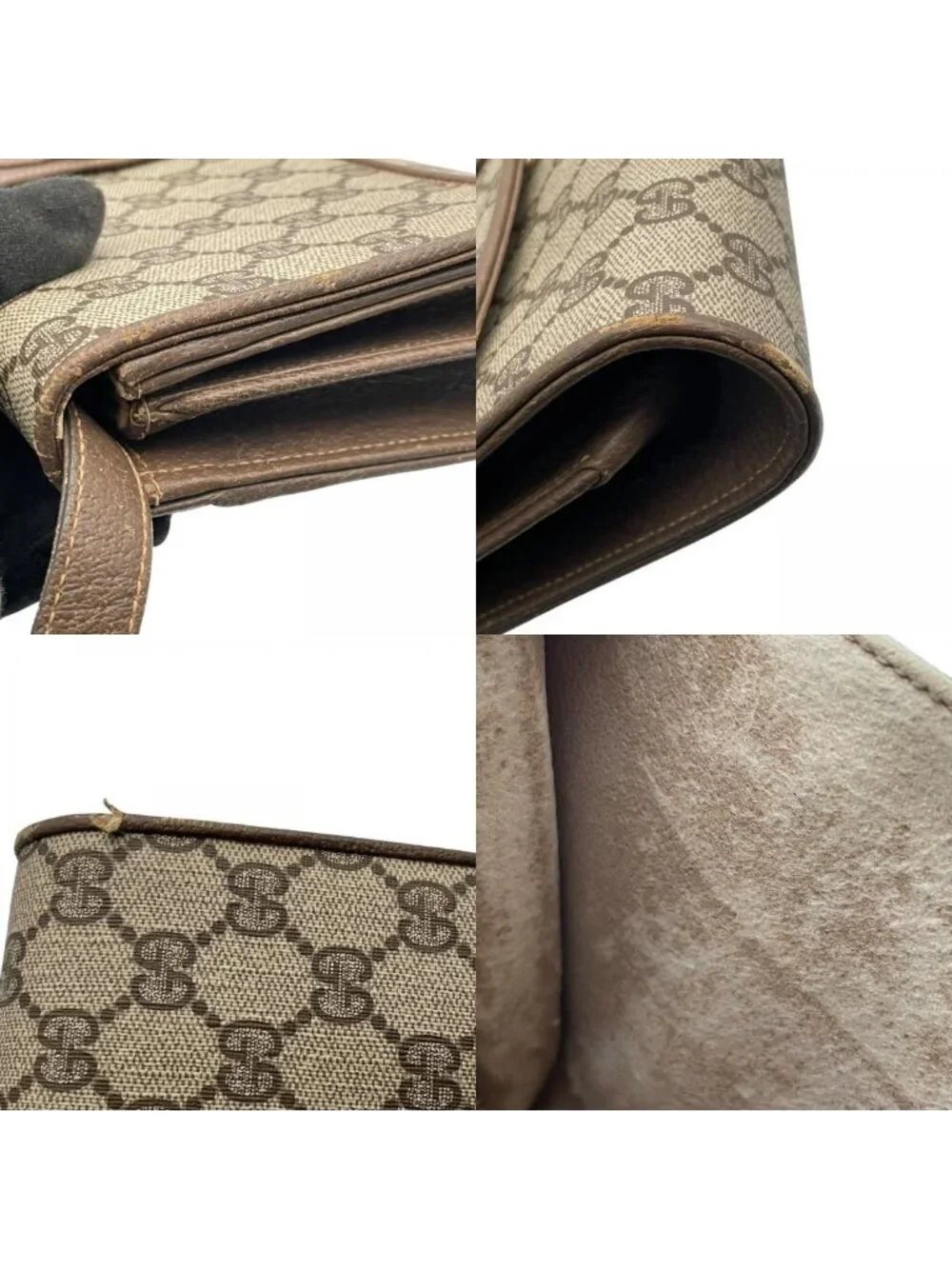 Gucci Shoulder Bag Crossbody Vintage GG Plus Leather Gray Brown Gold Simple